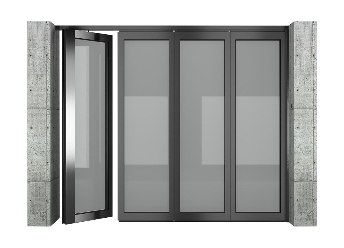 Double glazed folding movable partition open position