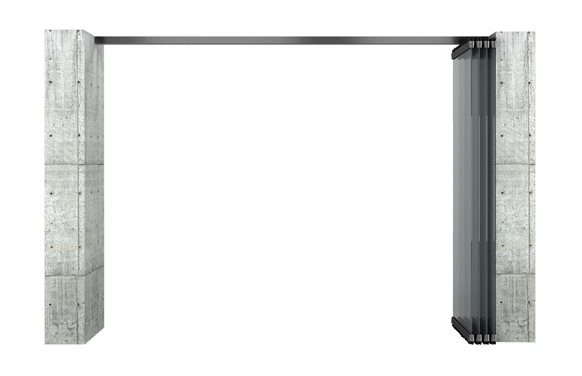 Single glazed folding movable partition open position
