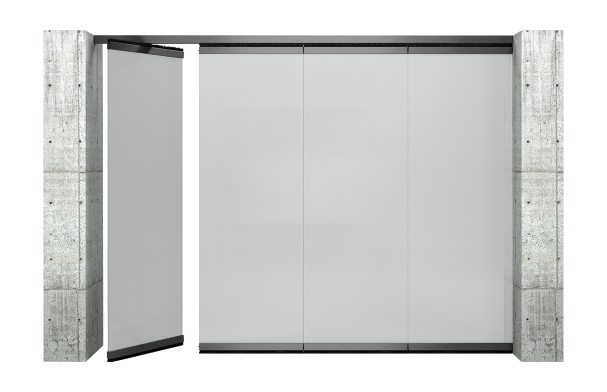 Single glazed folding movable partition open position
