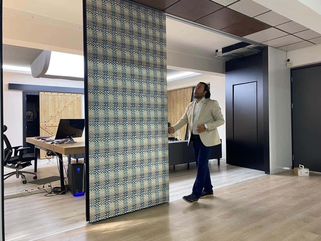 Example of advanced movable partition wall with acoustic fabric