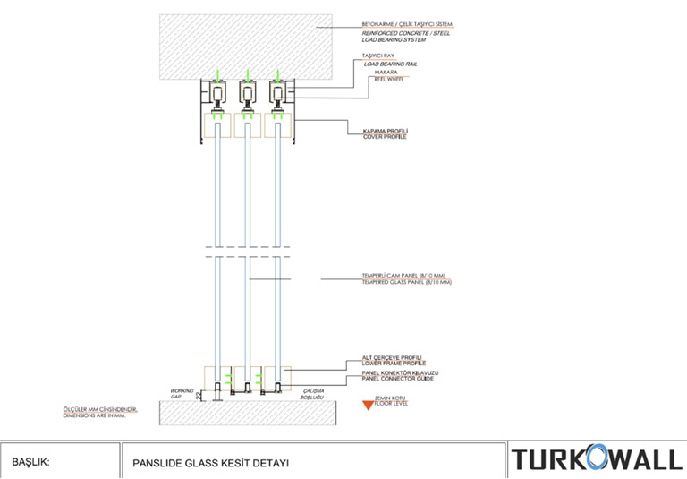 turkowall camlı hareketli duvar panslide glass dikey kesitler